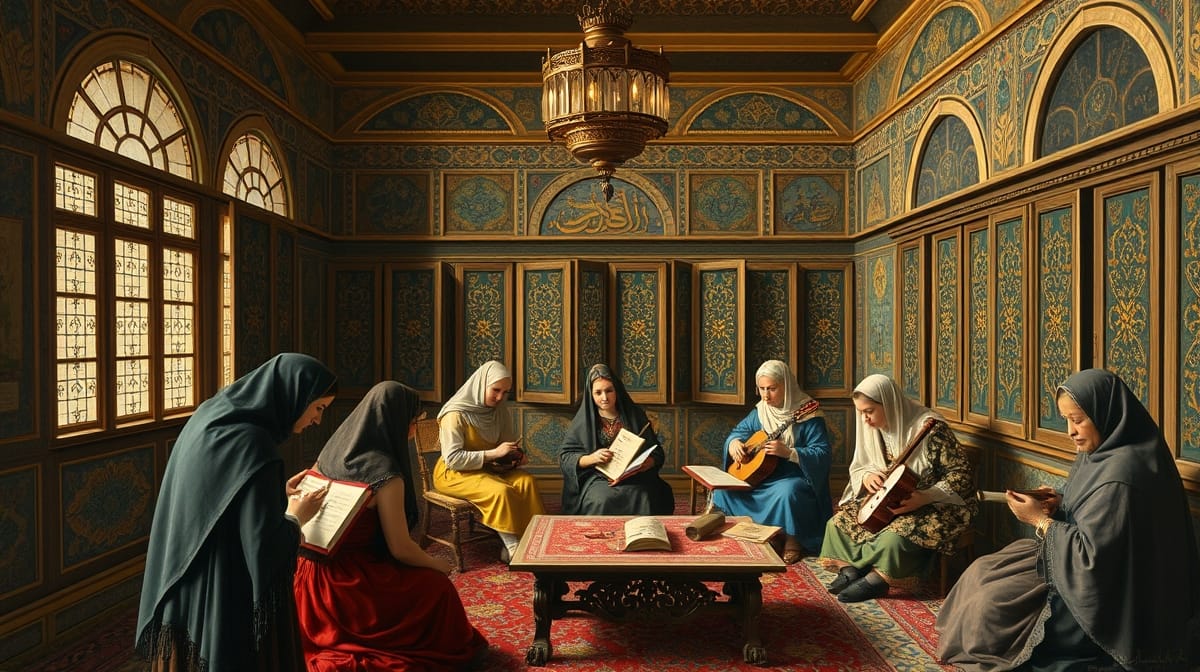 Harem Hayatı içinde eğitim gören kadınlar, hat, musiki ve nakış çalışmaları