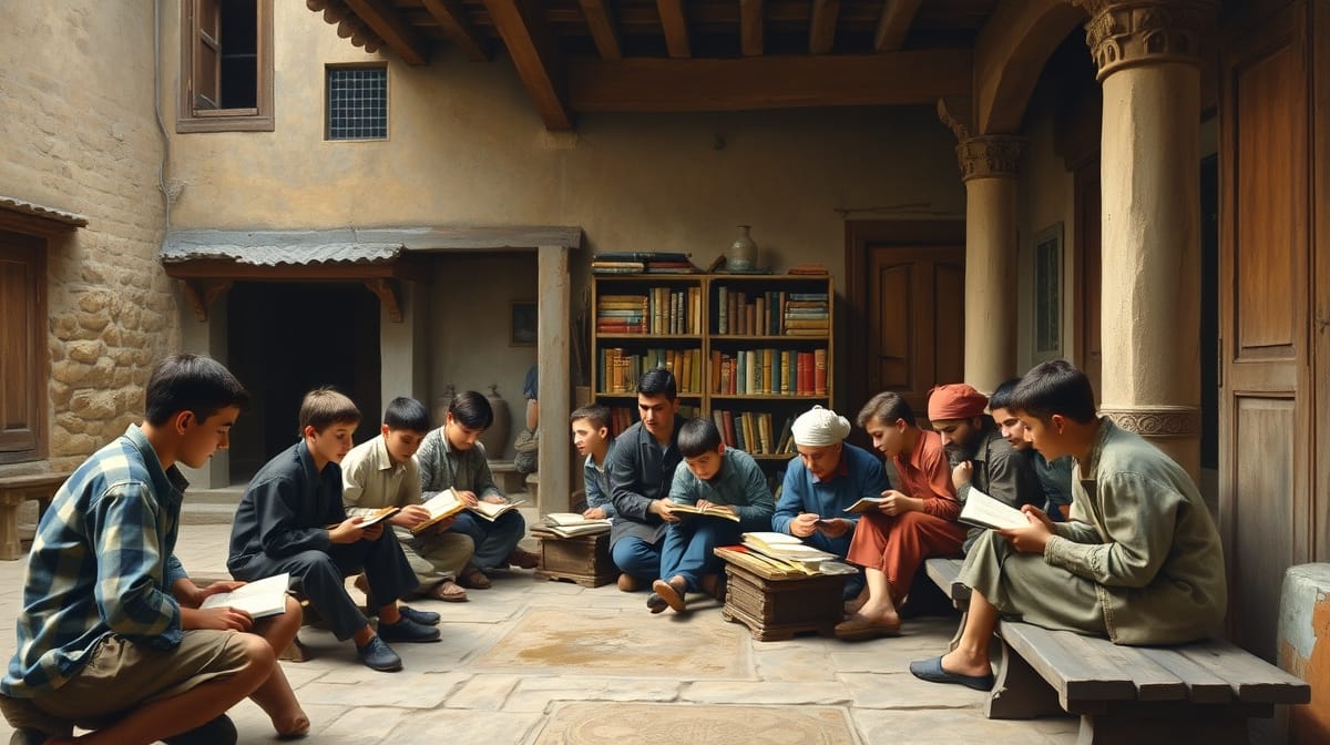 A historical Ottoman scene depicting the education and adaptation process of devshirme children in Anatolia