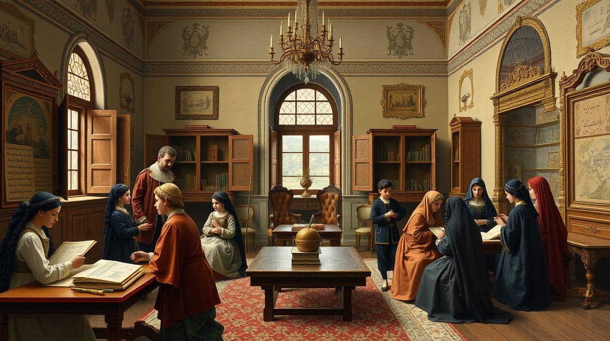A historical depiction of youths trained through the Devshirme System receiving palace education in the Enderun