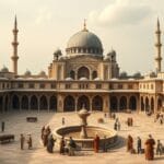 Vakıf Sistemi ile desteklenen Osmanlı külliyesinde cami, medrese, imaret ve sosyal yardım sahnesi