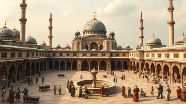 Vakıf Sistemi ile desteklenen Osmanlı külliyesinde cami, medrese, imaret ve sosyal yardım sahnesi