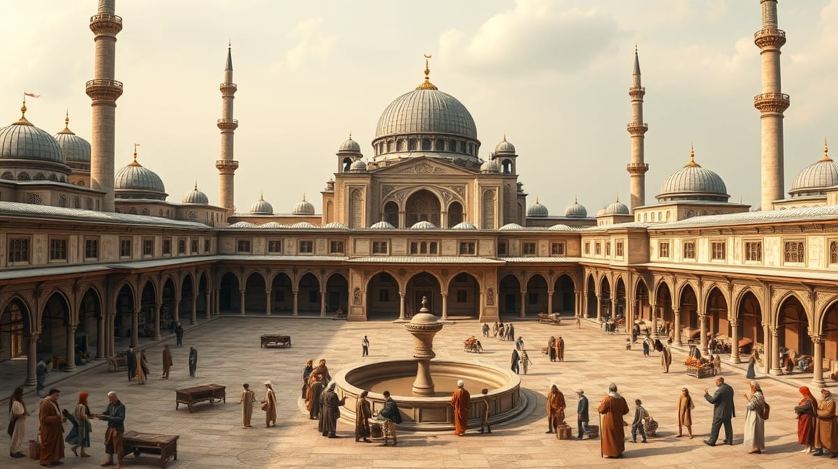 Vakıf Sistemi ile desteklenen Osmanlı külliyesinde cami, medrese, imaret ve sosyal yardım sahnesi