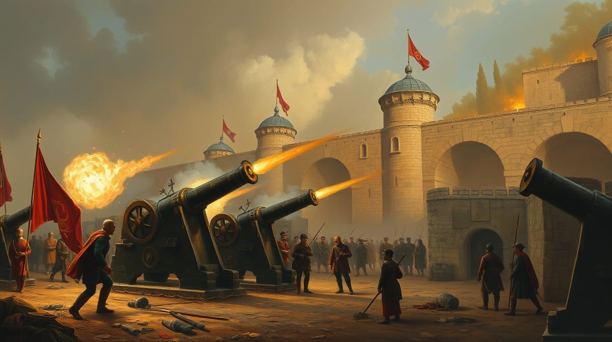 1453 kuşatmasında Osmanlı toplarının İstanbul surları önündeki etkisini gösteren tasvir