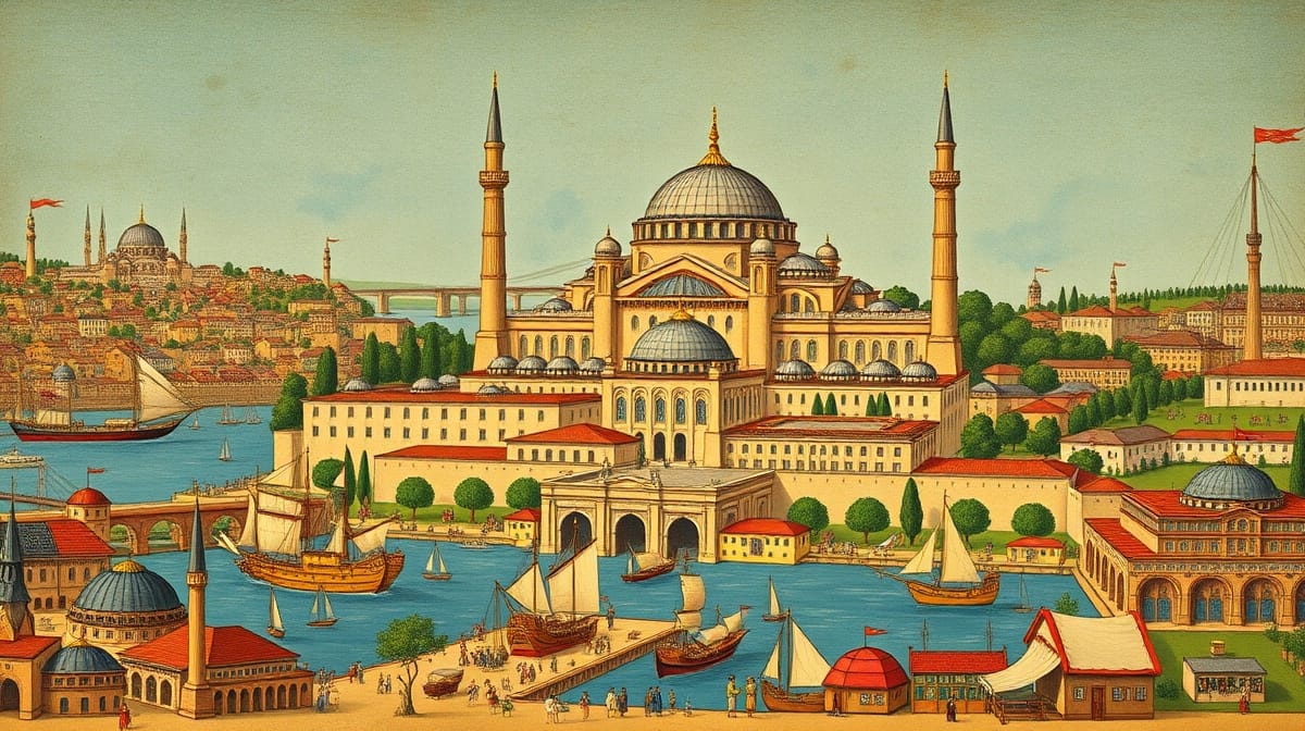 Fetih sonrası Osmanlı başkenti hâline gelen İstanbul'u ve Ayasofya çevresini betimleyen görsel