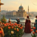 Lale Devri İstanbul'unda lale bahçeleri, saraylılar ve Osmanlı köşklerini gösteren tarihî sahne