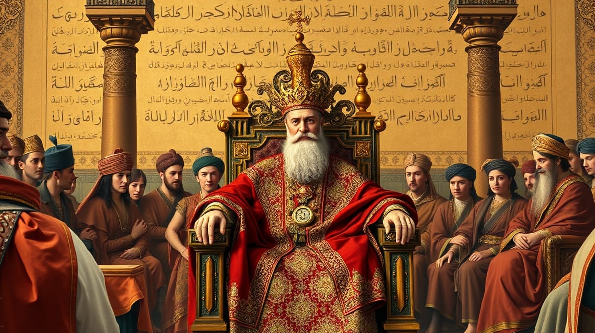 Kanuni Sultan Süleyman'ın sarayda ihtişamlı taht sahnesini gösteren Osmanlı minyatürü