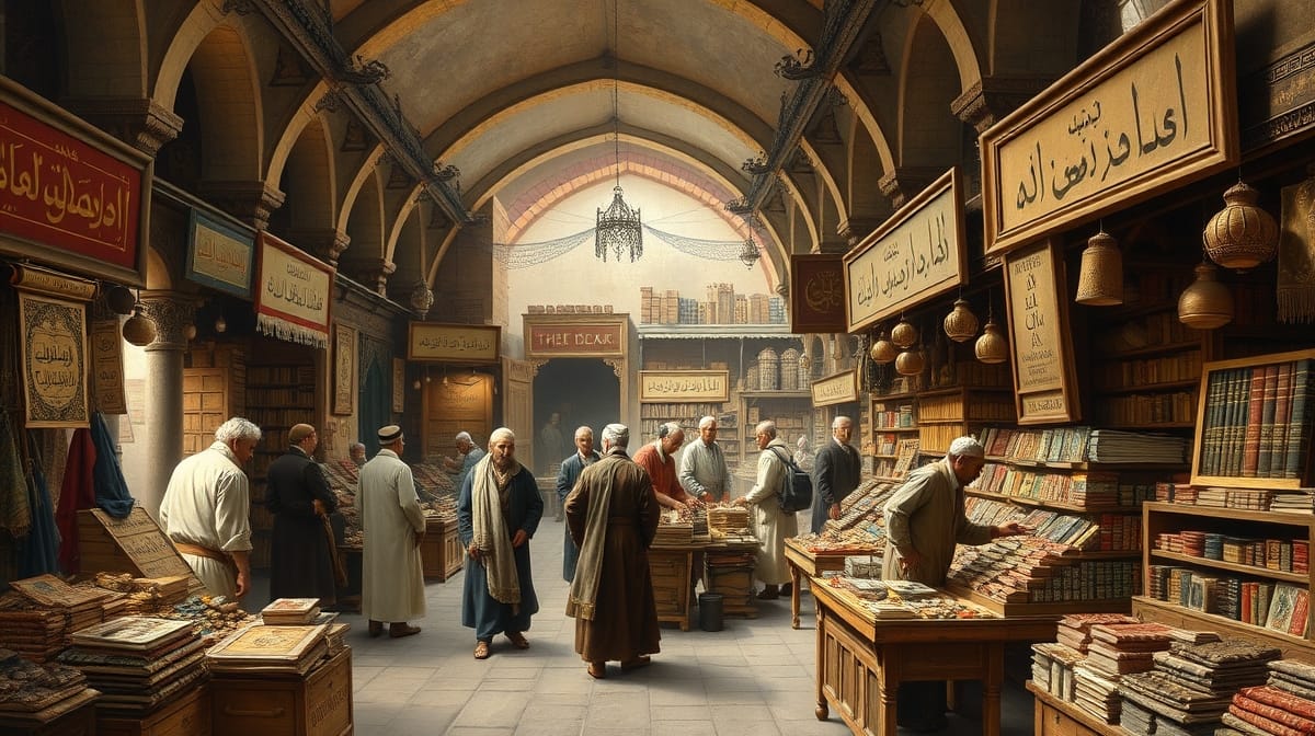 Osmanlı çarşısında Müslüman ve gayrimüslim tüccarların birlikte ticaret hayatı