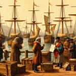 Osmanlı limanında kapitülasyonlar dönemini anlatan tüccarlar, gemiler ve gümrük sahnesi