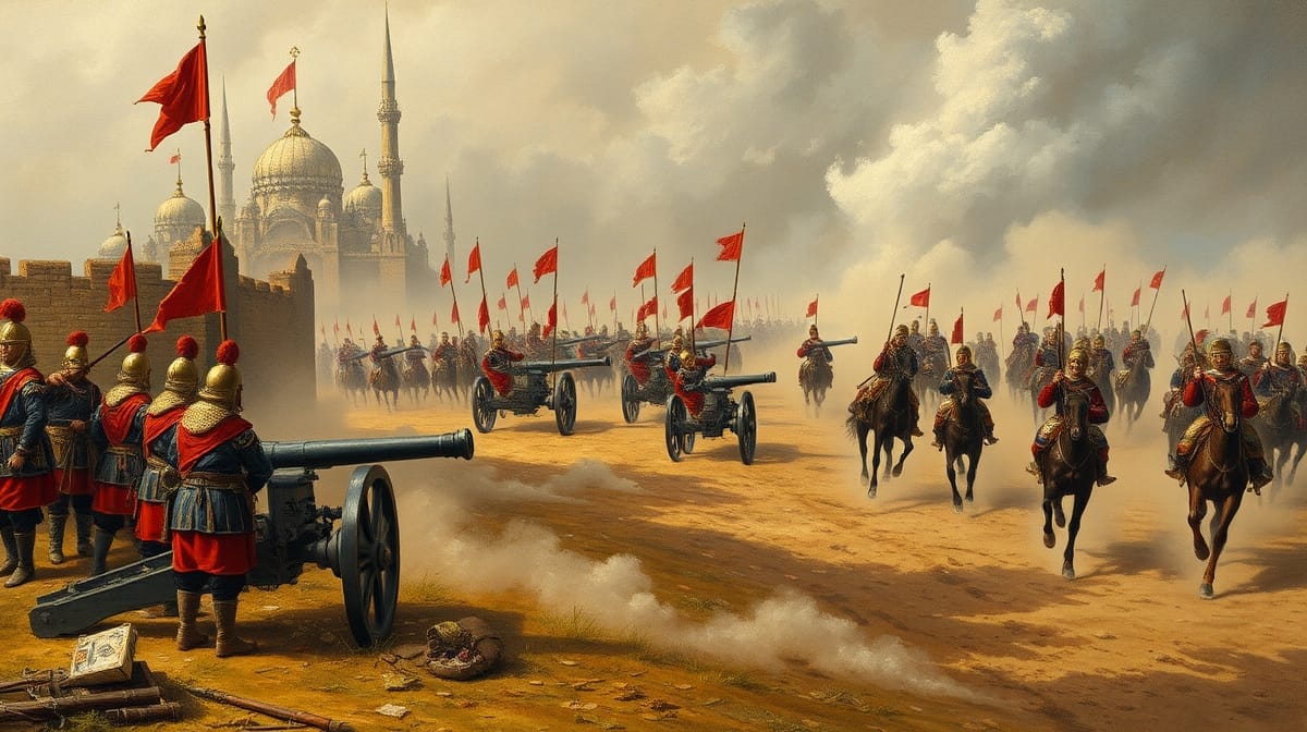 Çaldıran Savaşı meydanında Osmanlı topçusu ve yeniçerilerin düzenini gösteren tasvir
