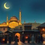 Osmanlıda Ramazan atmosferinde cami silueti, iftar hazırlığı ve kandillerle aydınlanan İstanbul