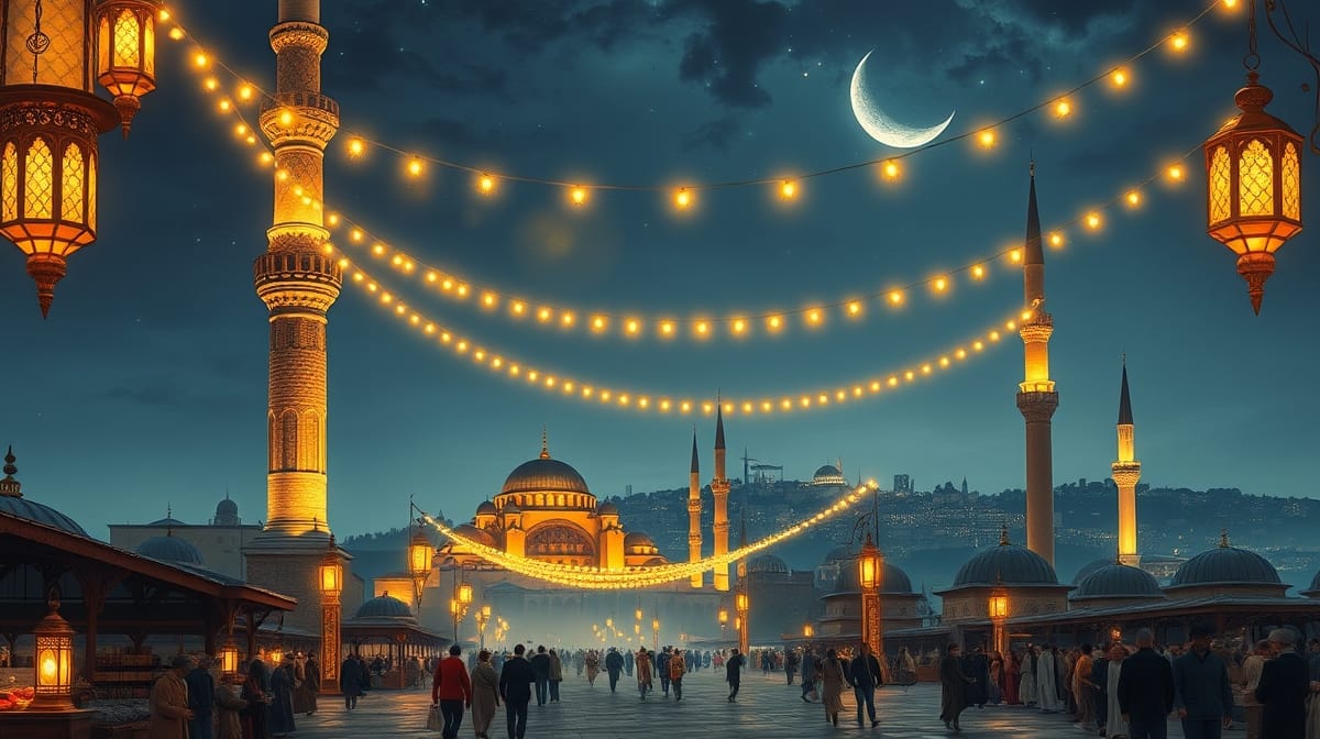 Osmanlıda Ramazan gecesinde minareler arasındaki mahya ışıkları ve camiye giden halk