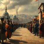 Yeniçeri Ocağı döneminde İstanbul'da Osmanlı askerleri ve saray çevresini gösteren tarihî sahne