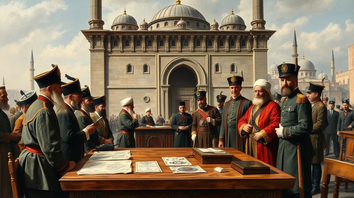 On dokuzuncu yüzyıl Osmanlı reformlarını tartışan devlet adamları ve İstanbul manzarası