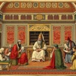 Osmanlı Kadısı mahkemede kâtipler ve davacılarla birlikte adalet dağıtırken görülüyor.