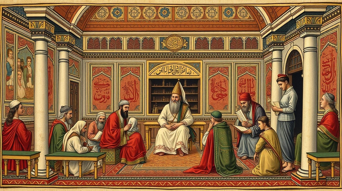 Osmanlı Kadısı mahkemede kâtipler ve davacılarla birlikte adalet dağıtırken görülüyor.