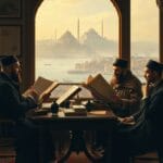 Genç Osmanlılar döneminde İstanbul'da gazete okuyan Osmanlı aydınlarını gösteren sahne