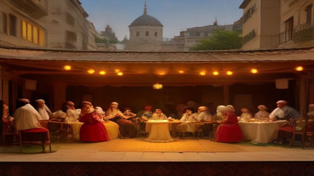 Mahallede yapılan Osmanlı düğünleri için komşuların yemek hazırladığı ve müzik eşliğinde toplandığı sahne