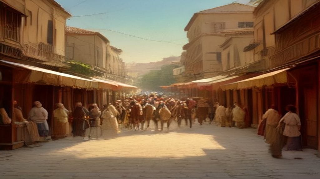 Osmanlı düğünleri çeyiz alayında taşınan kumaşlar, sandıklar, hediyeler ve geleneksel kıyafetli insanlar