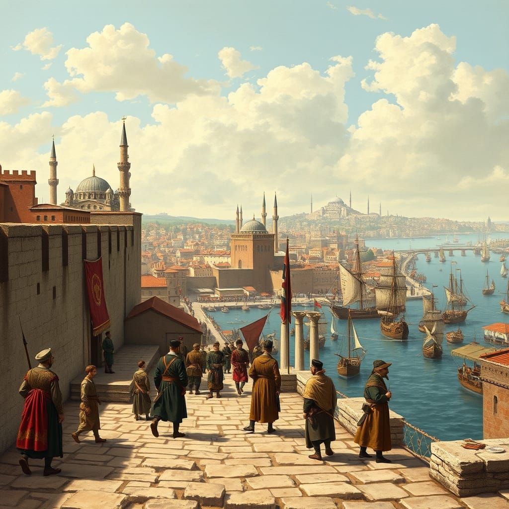 1453 sonrası İstanbul'da Osmanlı İmparatorluğu yönetimini, surları ve hareketli limanı gösteren tarihî sahne