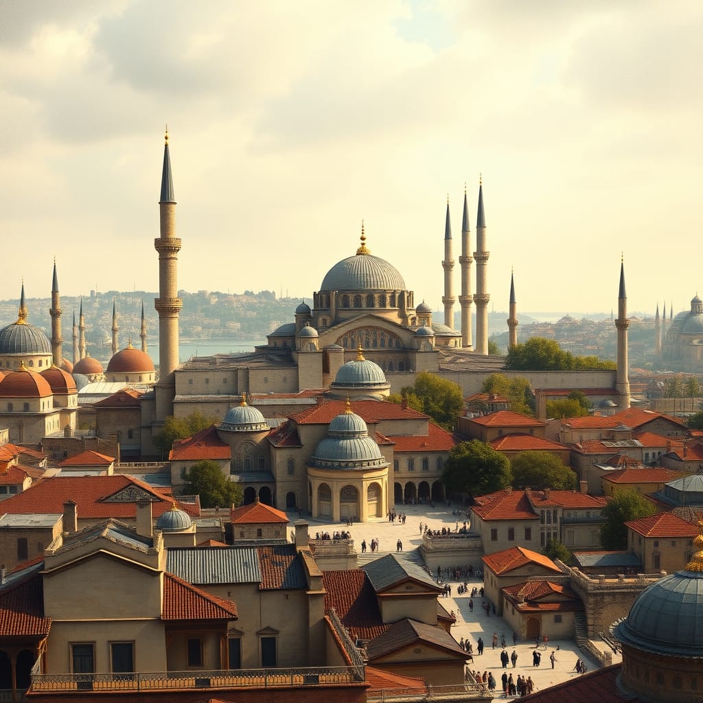 I. Süleyman döneminde Süleymaniye Külliyesi ve İstanbul siluetini gösteren tarihî mimari görünüm