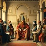 II. Bayezid döneminde Osmanlı sarayı ve devlet erkânını tasvir eden tarihî minyatür sahnesi