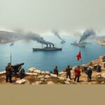 Çanakkale Savaşı sırasında Boğazı savunan Osmanlı topçusu ve İtilâf savaş gemilerinin tarihî tasviri