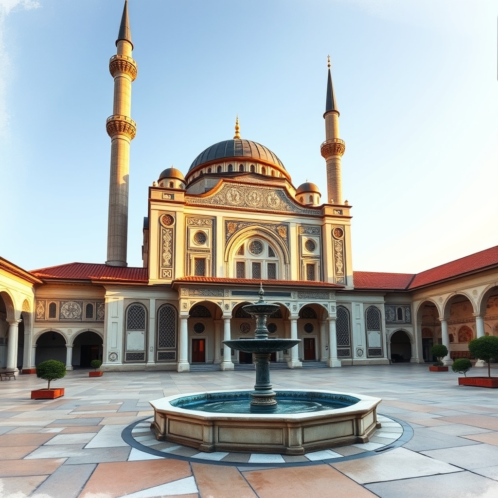 Kösem Sultan'ın hayratından Üsküdar Çinili Cami Külliyesi'nin çinilerini ve avlusunu gösteren çizim