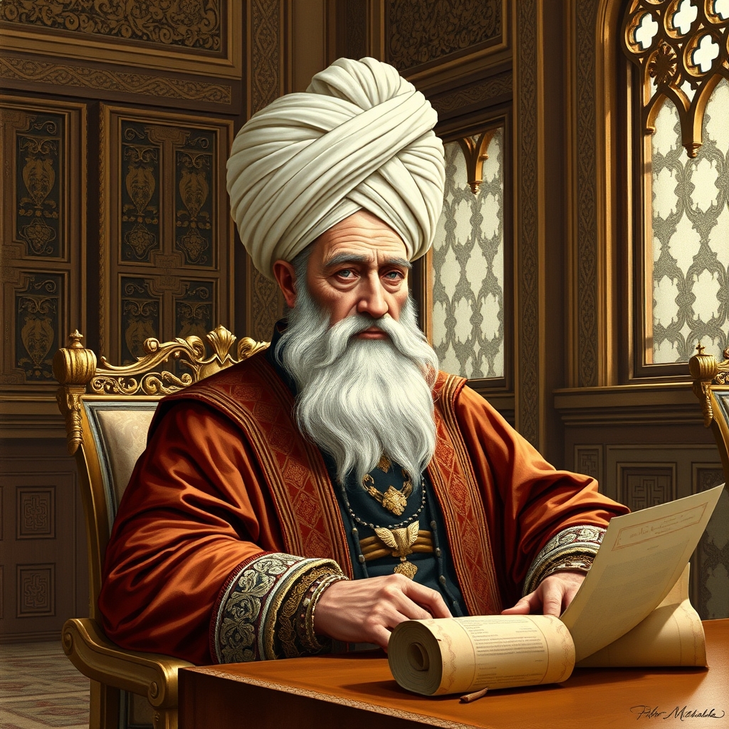 Sokollu Mehmed Paşa’yı sarayda, döneme uygun sarık ve kaftanla gösteren temsili tarihî tasvir.