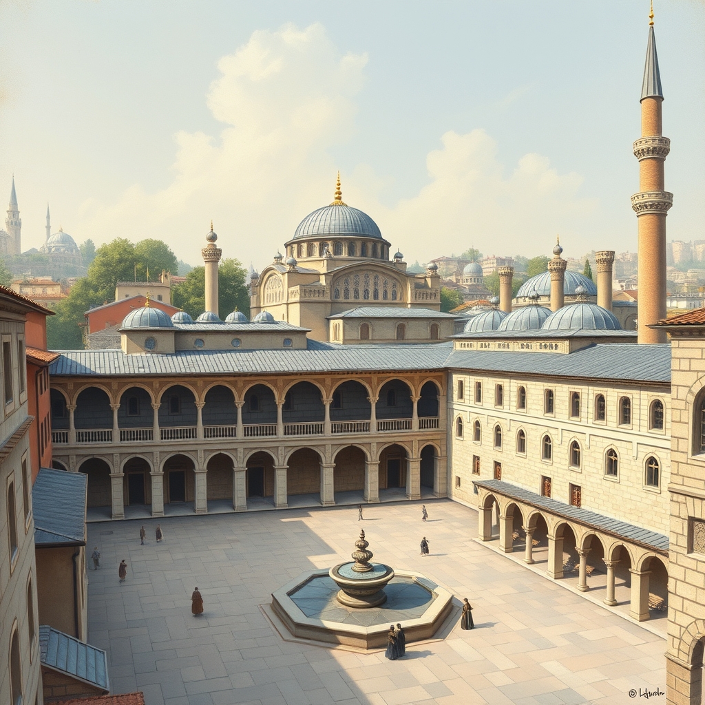 Mimar Sinan’ın Kadırga’daki Sokullu Mehmed Paşa Külliyesi’nin avlu ve revaklarını betimleyen temsili çizim.