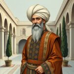 Rüstem Paşa’yı Kanuni döneminin saray avlusunda, beyaz sarığı ve işlemeli kaftanıyla betimleyen temsili resim
