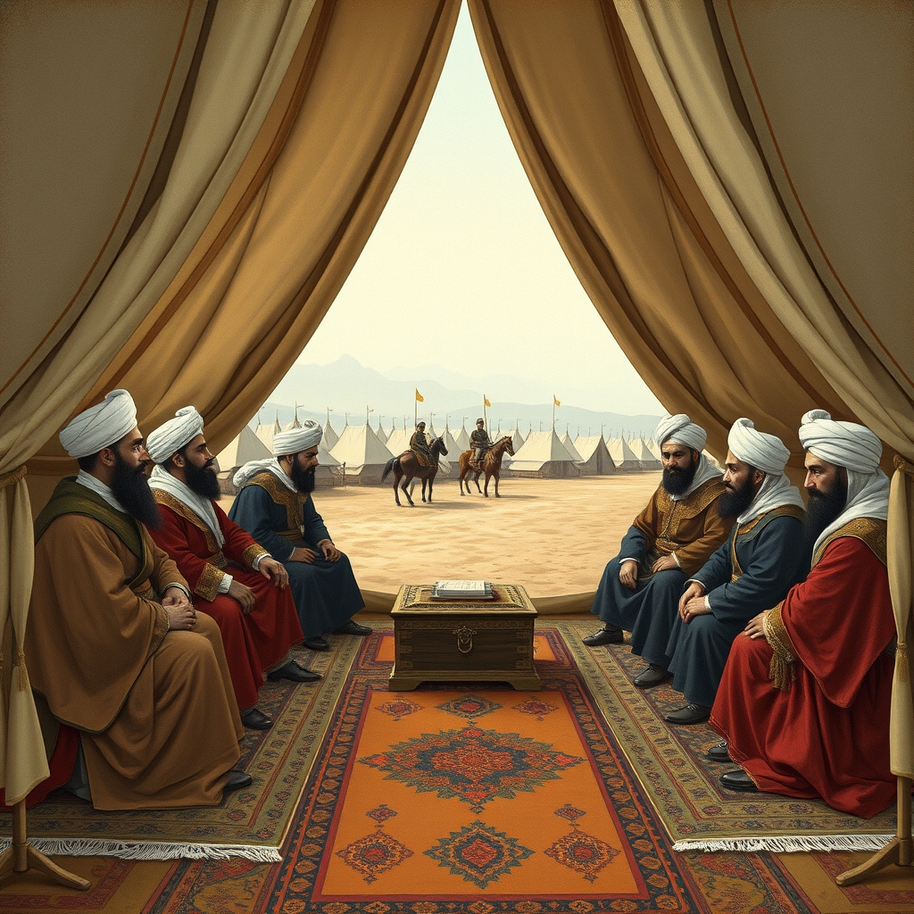 1553 seferi bağlamında Osmanlı devlet görevlilerini ordugâh çadırında betimleyen temsili divan sahnesi