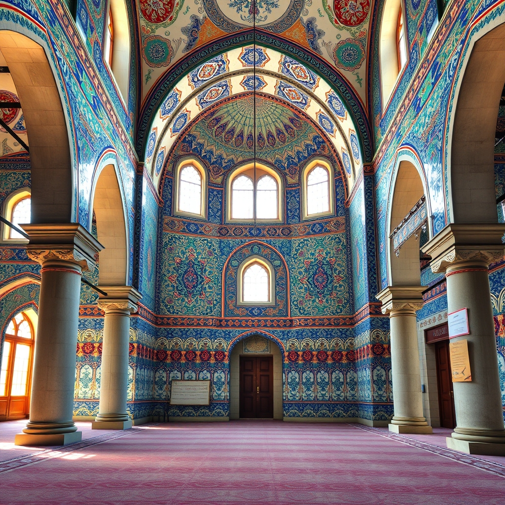 Eminönü Rüstem Paşa Camii’nin İznik çinileri, kemerleri ve doğal ışık alan iç mekânını betimleyen resim