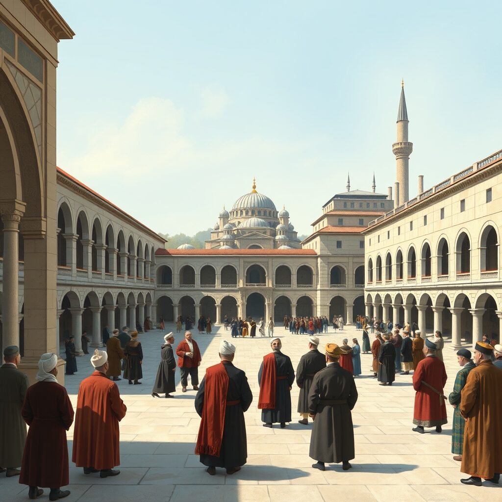 İkinci avluda Kubbealtı, Bâbüssaâde ve saray görevlilerinin tören düzenini gösteren tarihî canlandırma