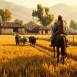 Timar system: a peasant ploughing his field with oxen and a mounted sipahi
